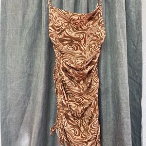 brown dress with gathering at the sides